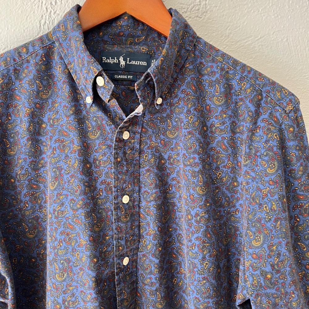Ralph Lauren Classic Fit Blue Paisley Cotton Button Down Shirt Mens Medium